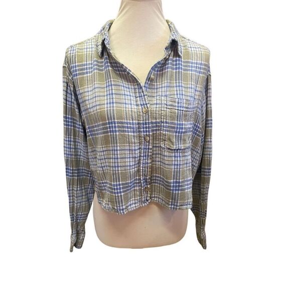 American Eagle Outfitters Blue/Green/White Plaid Long Sleeve Button Down Linen B - Picture 2 of 12